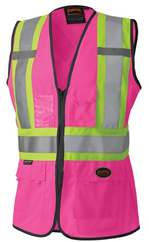 Women's Hi-Vis Tricot Poly Interlock Safety Vest – Zipper Closure – Pink – L