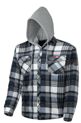 Quilted Polar Fleece Hooded Shirt – Blue/Grey Plaid – L