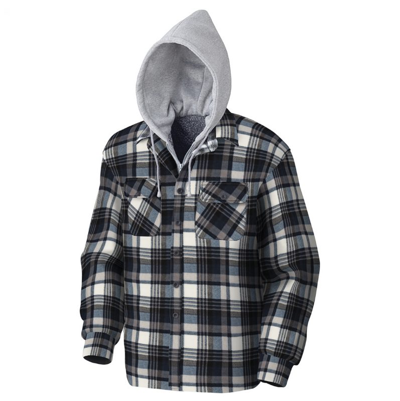 Quilted Polar Fleece Hooded Shirt – Blue/Grey Plaid – M