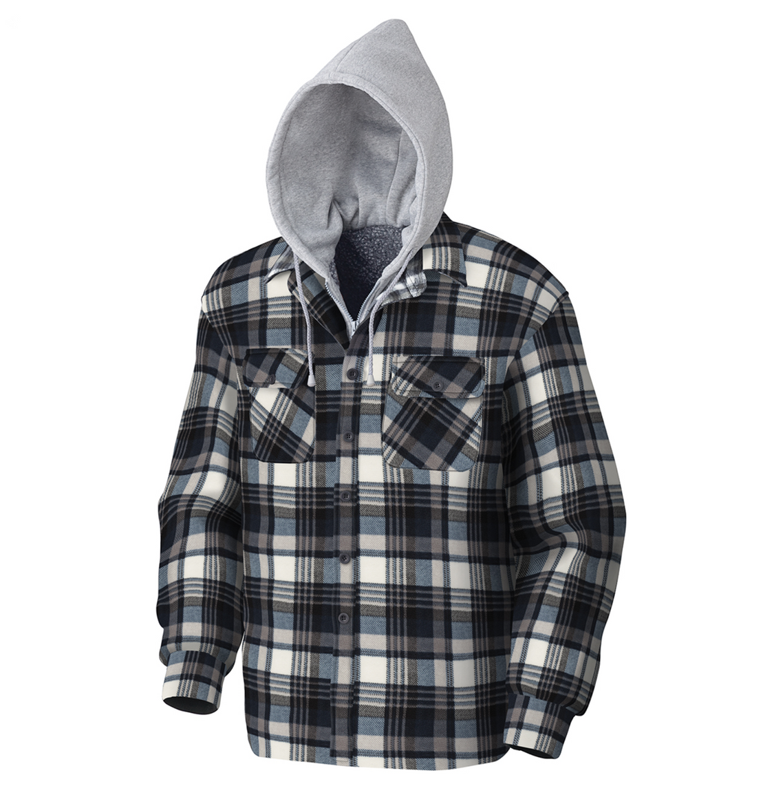 Quilted Polar Fleece Hooded Shirt – Blue/Grey Plaid – XL