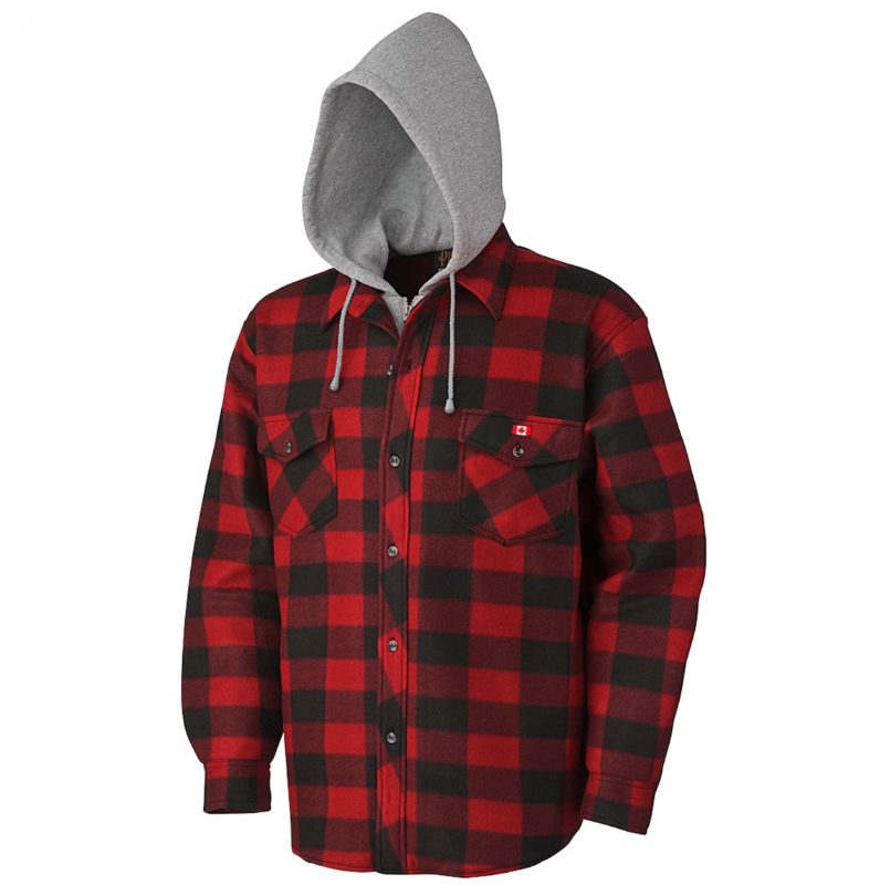 Quilted Polar Fleece Hooded Shirt – Red/Black Plaid – L