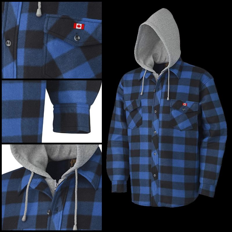Quilted Polar Fleece Hooded Shirt – Royal/Black Plaid – L