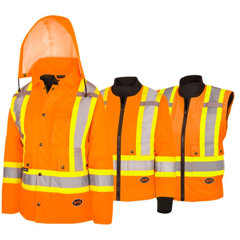 Women's Hi-Vis 7-in-1 Jacket – Waterproof – Detachable Hood – Hi-Vis Orange – 3XL