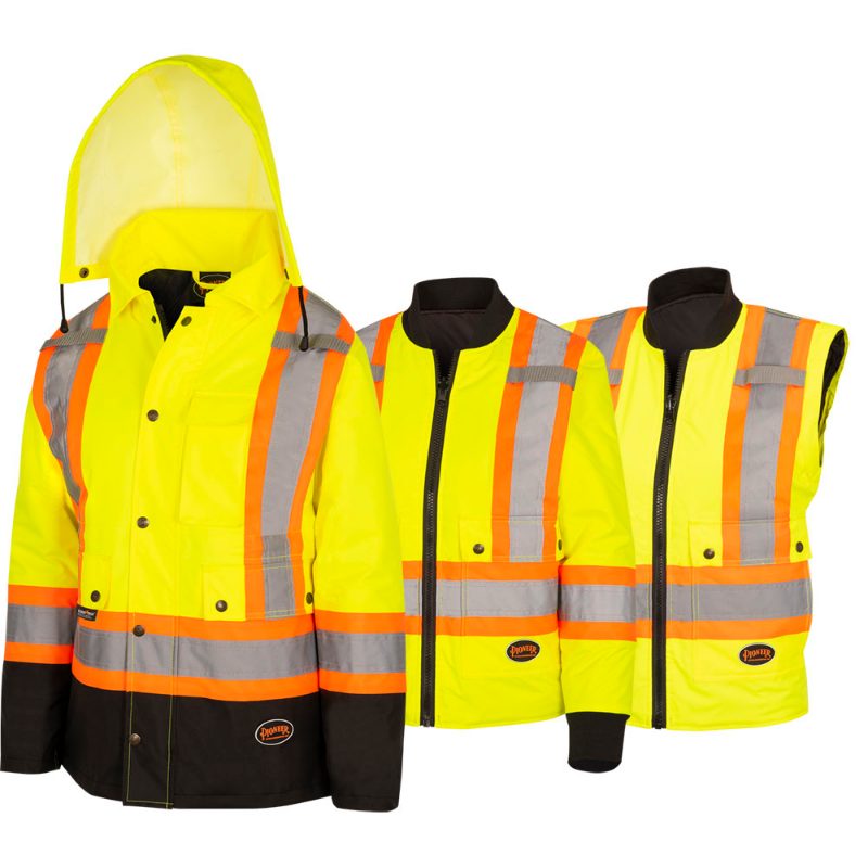 Women's Hi-Vis 7-in-1 Jacket – Waterproof – Detachable Hood – Black Bottom – Hi-Vis Orange – L