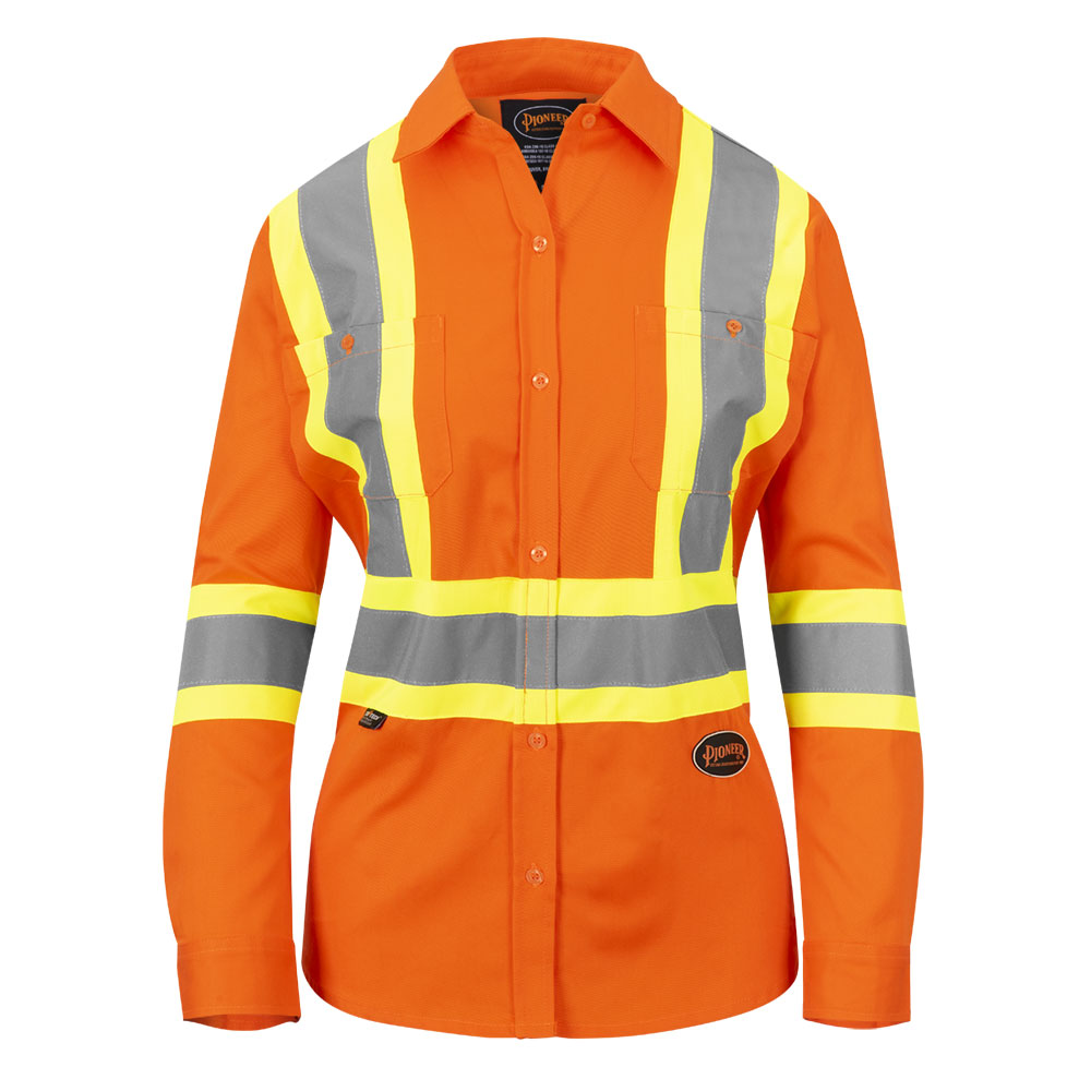 Women’s Long Sleeved Safety Shirt – Hi-Vis Orange – Cotton Twill – Button Closure – M