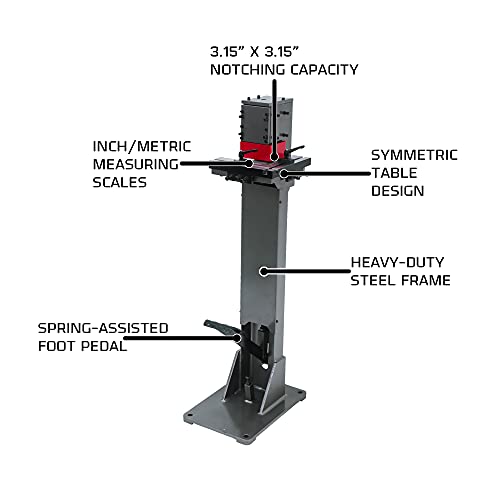 Foot Operated Corner Notcher, 16 Gauge Mild Steel Capacity up to 3" x 3" at 90 Degrees