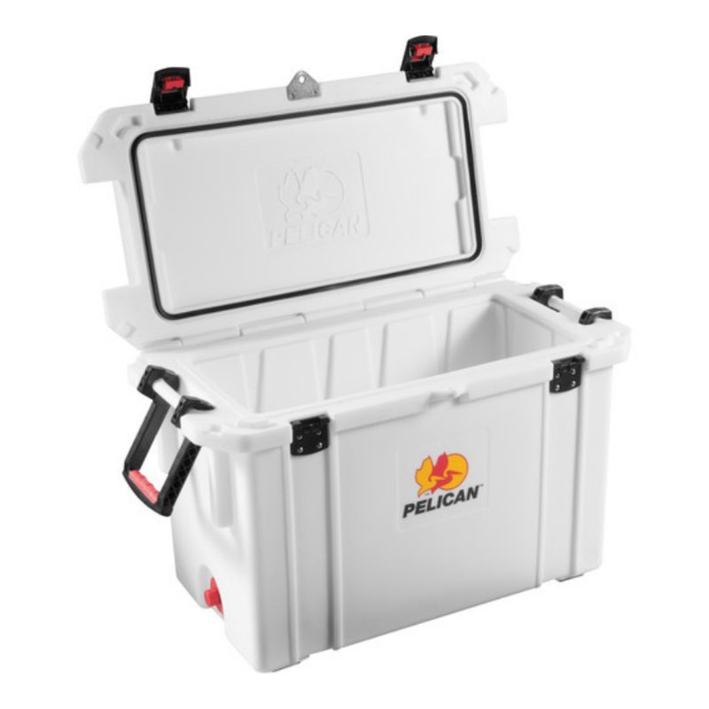 Pelican Elite Cooler 32.95 quart capacity for 23 cans or 28 lbs of ice with integrated cup holders and bottle opener, Desert Sa
