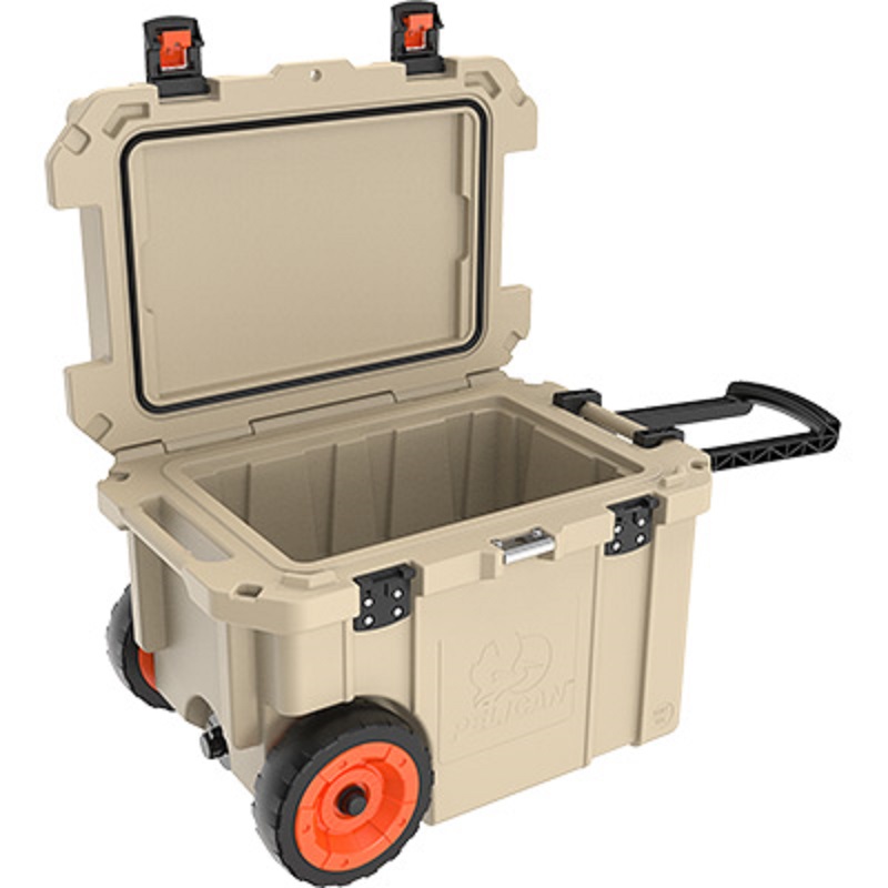 Pelican Wheeled Cooler 45 quart capacity with heavy duty wheels and trolley handle, integrated bottle opener, Tan