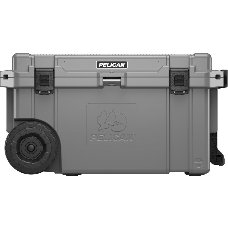 Pelican Elite Cooler 72.42 quart capacity for 53 cans or 65lbs of ice with integrated cup holders and bottle opener, Dark Gray –