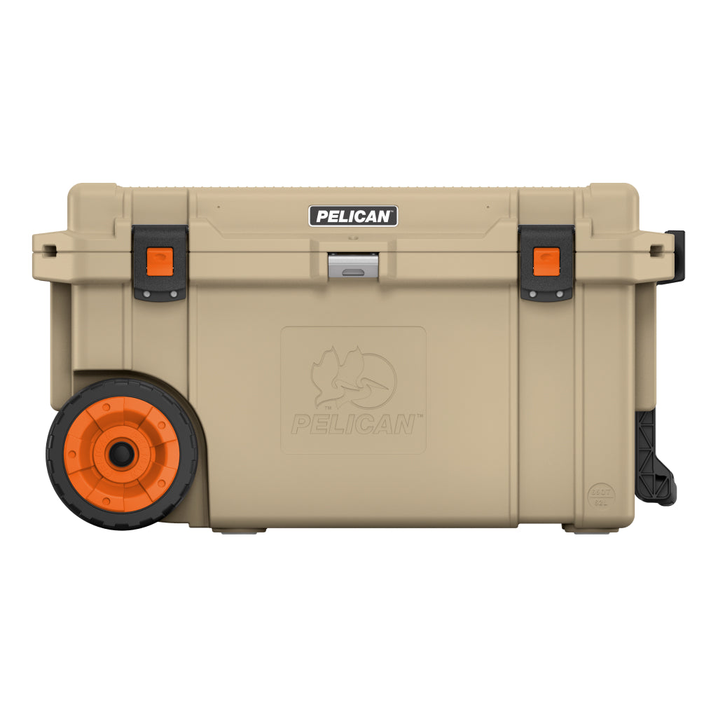 Pelican Elite Cooler 72.42 quart capacity for 53 cans or 65lbs of ice with integrated cup holders and bottle opener, Desert Sage
