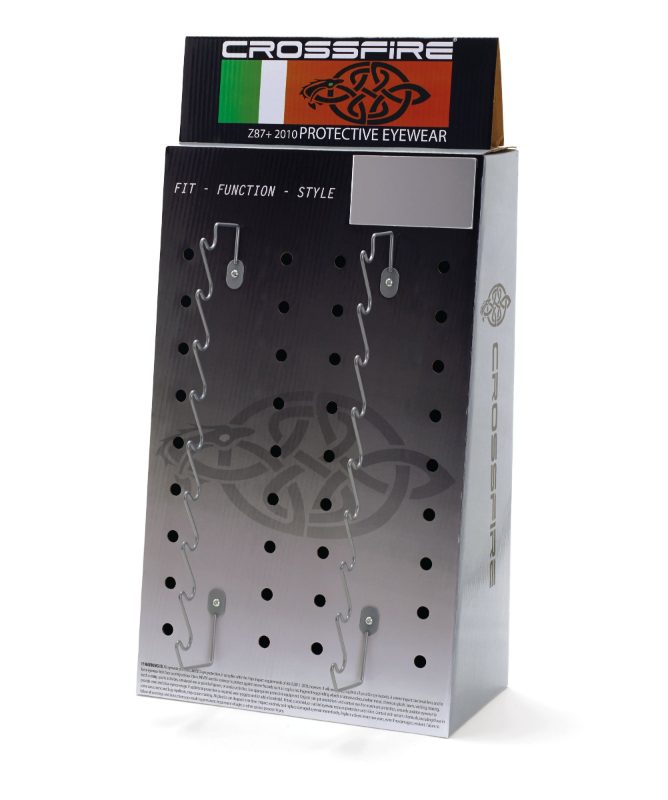 Crossfire Fully assembled Crossfire-branded corrugate display • Holds 12 pair of safety glasses (ordered separately) • Use on co