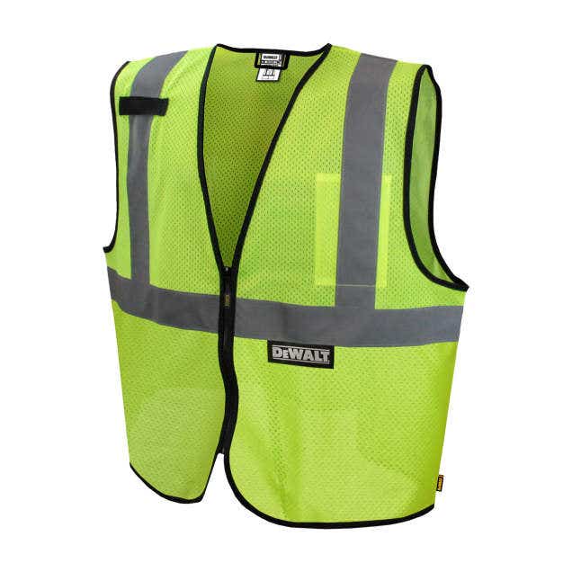 DEWALT 100% Polyester Mesh • 1 Mic Tab • 1 Pocket • 2" Silver Reflective Tape • ANSI/ISEA 107 Type R Class 2 (Hi-Vis Green – Siz