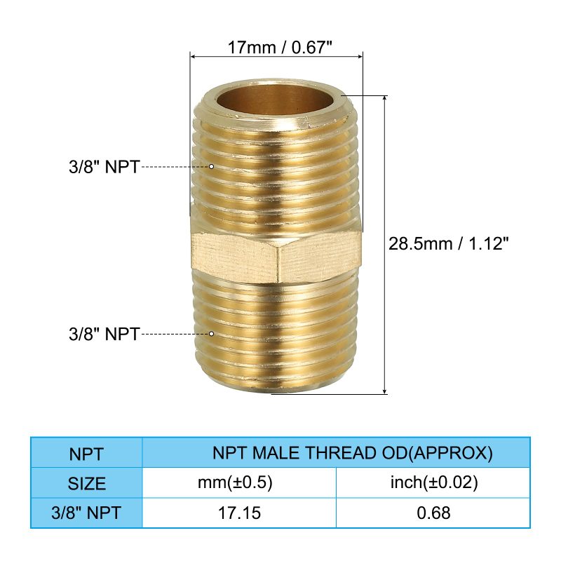 PIPE THREAD NIPPLES, 3/8" NPT MALE X 3/8" NPT MALE NIPPLE, 3.5" LONG, BRASS