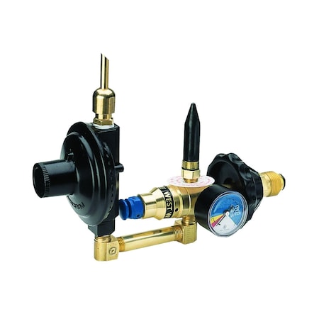 DUAL HELIUM INFLATOR/REGULATOR, HORIZONTAL STYLE WITH FOIL AND LATEX OUTLETS, TIE HOOK AND RIBBON CUTTER CGA-580 INLET