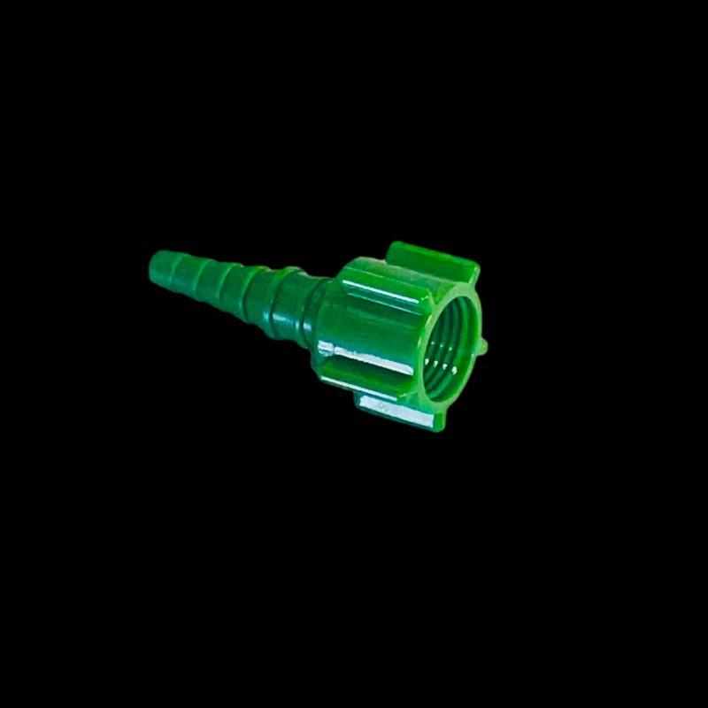 PLASTIC HOSE NUT FITTINGS, DISS 1240, OXYGEN FEMALE X TAPERED BARB, GREEN PLASTIC