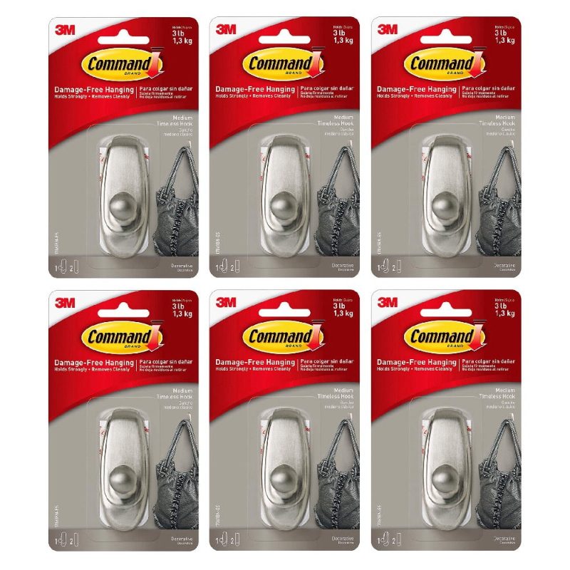Command™ Timeless Hook 17061BN-C, Medium, Brushed Nickel, 3 lb (1.4 kg), 1 Hook, 2 Strips