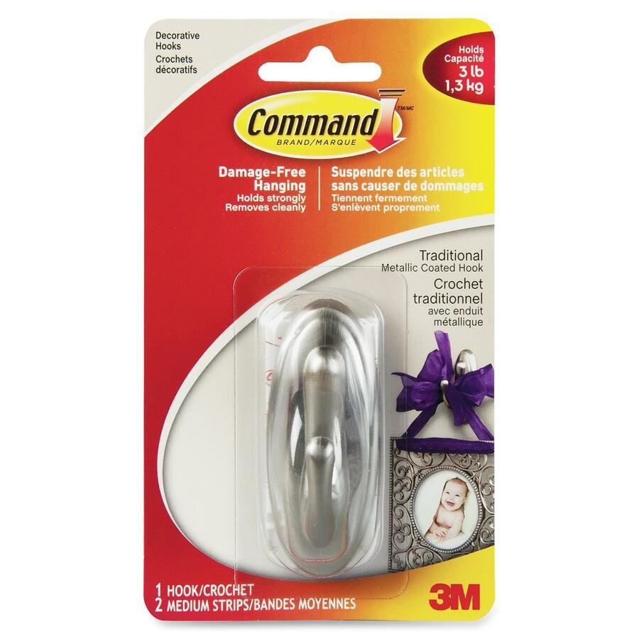 Command™ Traditional Hook 17051BN-C, Medium, Brushed Nickel, 3 lb (1.4 kg), 1 Hook, 2 Strips