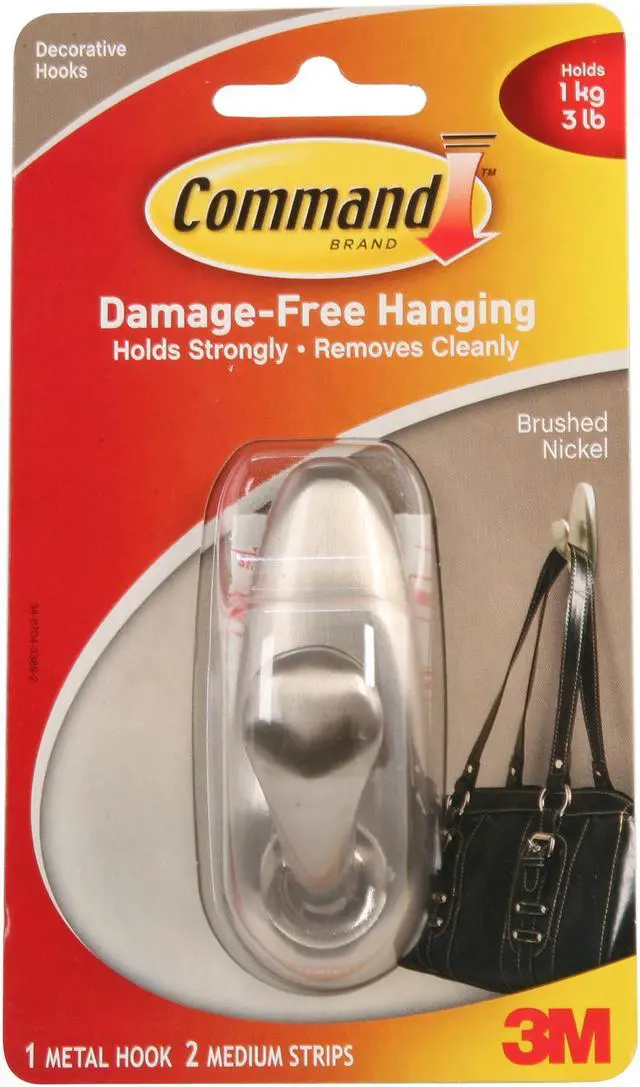 Command™ Metal Hook FC12-BN-EF, Forever Classic, Medium, Brushed Nickel, 3 lb (1.4 kg), 1 Hook, 2 Strips