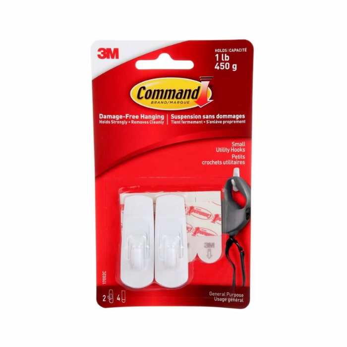 Command™ Utility Hooks 17002C, Small, White, 1 lb (0.5 kg), 2 Hooks, 4 Strips