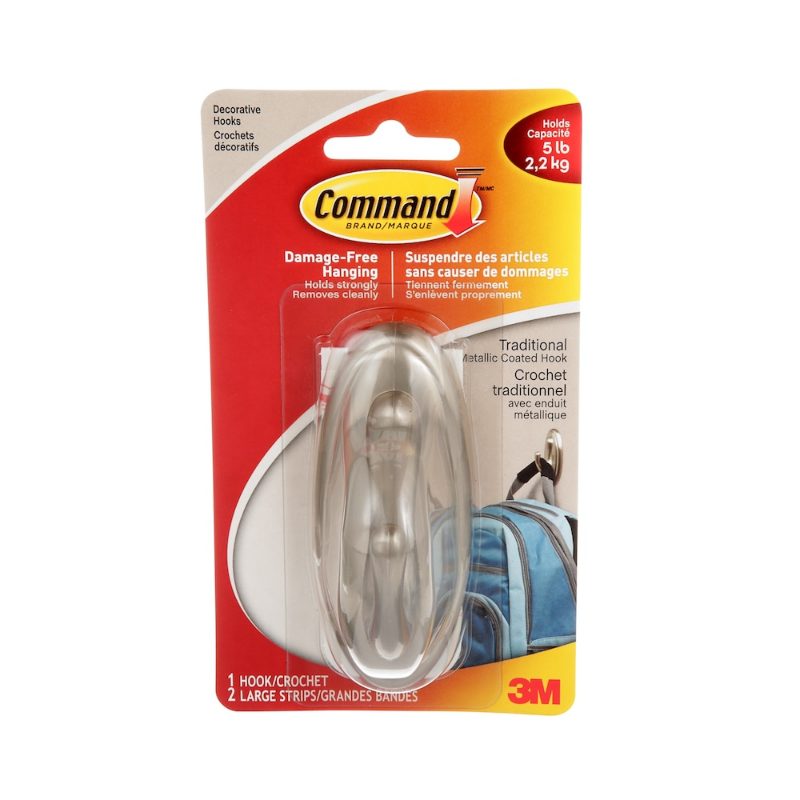 Command™ Traditional Hook 17053BN-C, Large, Brushed Nickel, 5 lb (2.3 kg), 1 Hook, 2 Strips