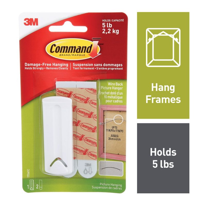 Command™ Wire Back Picture Hanger 17041C, White, Water Resistant, Large, 1 Hanger, 2 Strips Per Pack