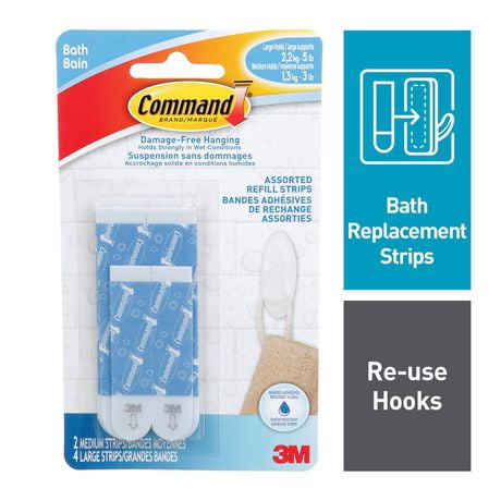Command® Bath Refill Strips BATH22-EF, Assorted, Blue, Water-Resistant, 2 Medium Strips, 4 Large Strips
