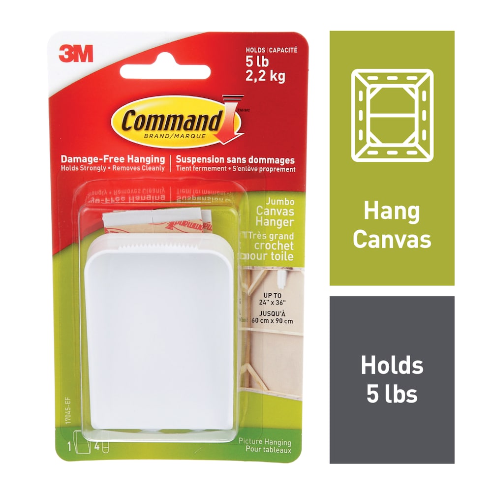 Command™ Jumbo Canvas Picture Hanger 17045-EF, White, 1 Hanger, 4 Strips Per Pack