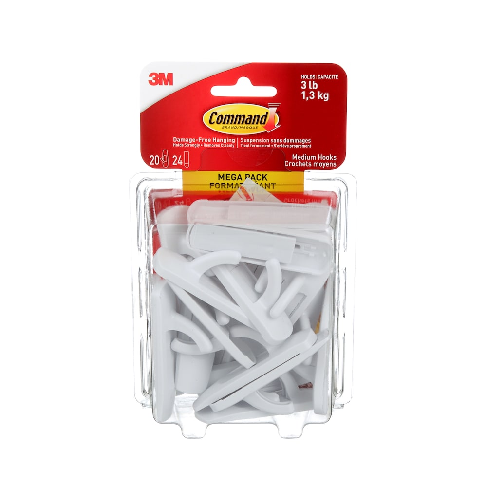 Command™ Utility Hooks 17001-MPEF, Medium, White, 3 lb (1.4 kg), 20 Hooks, 24 Strips, Mega Pack