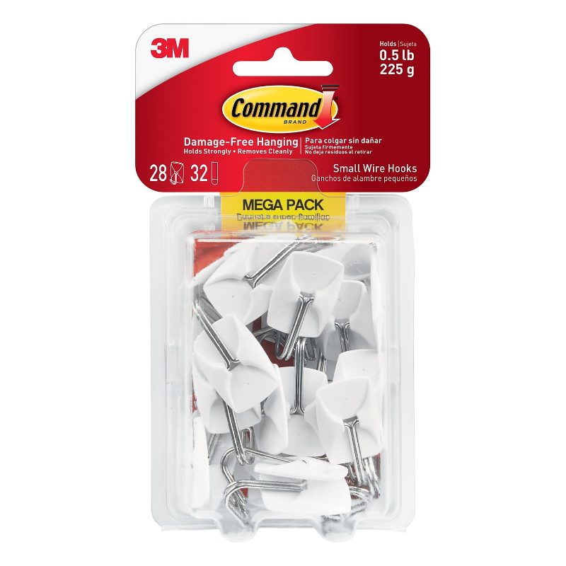 Command™ Wire Hooks 17067-MPEF, Small, White, 0.5 lb (225 g), 28 Hooks, 32 Strips, Mega Pack