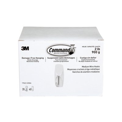 Command™ Wire Hooks 17065-S35NA, Medium, White, 2 lb (0.9 kg), 35 Hooks, 40 Strips