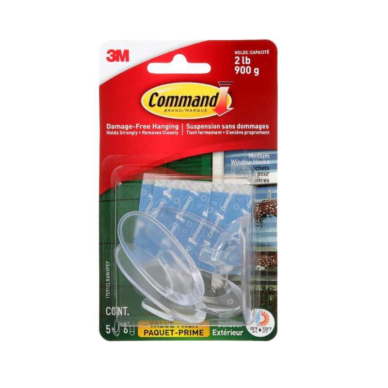 Command™ Outdoor Window Hooks 17091CLRAWVPEF, Clear, Medium, 5 Hooks/6 Strips/Value Pack