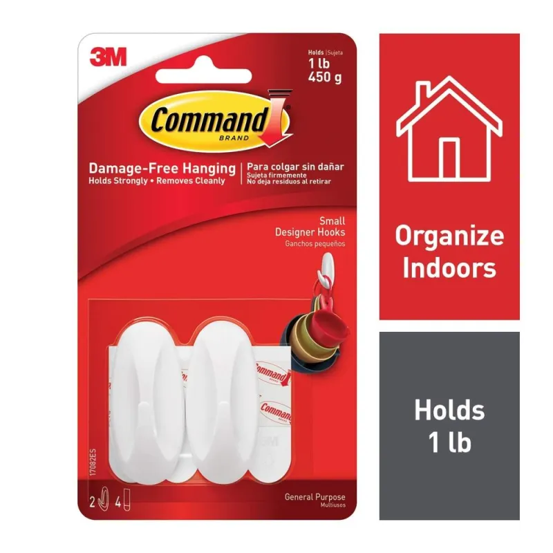 Command™ Designer Hooks 17082-EF, Small, White, 1 lb (0.5 kg), 2 Hooks, 4 Strips
