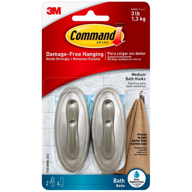 Command™ Hook 17034BN-2EF, Brushed Nickel, Medium, 2 Hooks/4 Strips/Pack