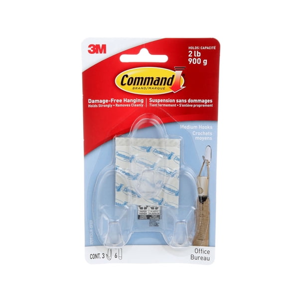 Command™ Hooks 17091CLR-OFEF, Clear, Medium, 3 Hooks/6 Strips/Pack