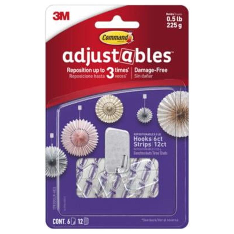 Command® Adjustables™ Repositionable Hooks 17830CLR-14EF, 0.5 lb (225 g), 14 Hooks, 30 Strips