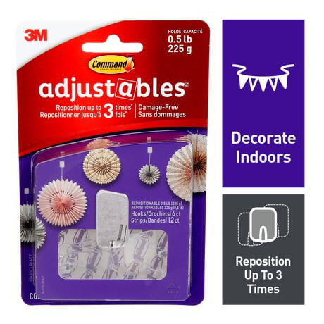 Command® Adjustables™ Repositionable Hooks 17830CLR-6EF, 0.5 lb (225 g), 6 Hooks, 12 Strips