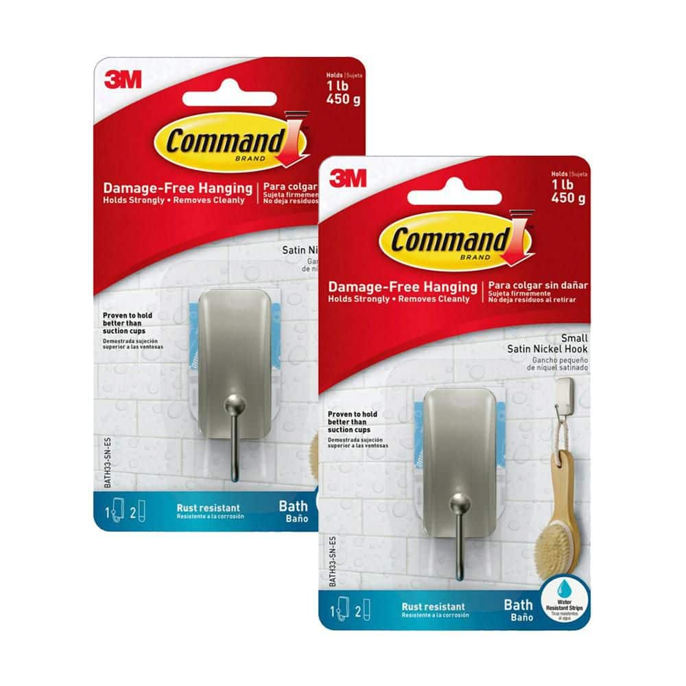 Command™ Bath Hook BATH33-SN-2EF, Satin Nickel, Small, 2 Hooks, 4 Water-Resistant Strips/Pack