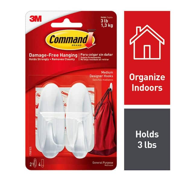 Command® Designer Hooks 17081-EF RP, Medium, White, 3 lb (1.3 kg), 2 Hooks, 4 Strips