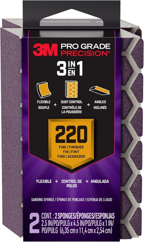 3M™ Pro Grade Precision™ Dust Channeling Sanding Sponge 2504TRI-220-CH, Extra Fine, 220 Grit, 4 1/2 in x 2 1/2 in x 1 in, 1/Pack