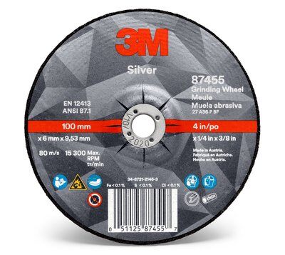 3M™ Silver Depressed Center Grinding Wheel, 87455, T27, black, 4 in x 1/4 in x 3/8 in (10.16 cm x 6.35 mm)