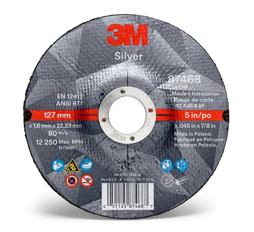 3M™ Silver Cut-Off Wheel 87468, T27, 5 in x .045 in x 7/8 in (127 mm x 1.143 mm x 22.225 mm), 25/Inner, 50/Case