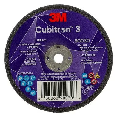 3M™ Cubitron™ 3 Cut-Off Wheel, 90031, 60+, T1, 3 in x 0.035 in x 3/8 in (75 x 0.9 x 9.53 mm), ANSI, 25/Pack, 50 ea/Case