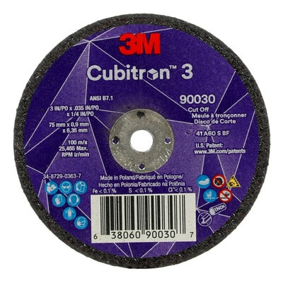 3M™ Cubitron™ 3 Cut-Off Wheel, 90030, 60+, T1, 3 in x 0.035 in x 1/4 in (75 x 0.9 x 6.35 mm), ANSI, 25/Pack, 50 ea/Case