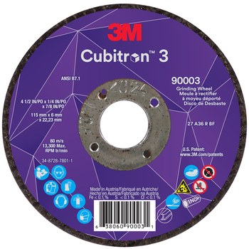 3M™ Cubitron™ 3 Depressed Center Grinding Wheel, 90003, 36+, T27, 4-1/2 in x 1/4 in x7/8 in (11x6x22.23) ANSI, 10/Pack, 20 ea/Ca