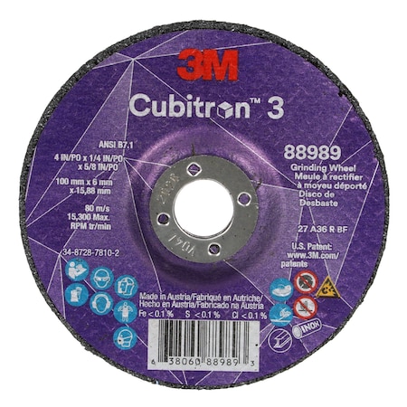 3M™ Cubitron™ 3 Depressed Center Grinding Wheel, 88989, 36+, T27, 4 in x 1/4 in x 5/8 in (100x6x15.88mm) ANSI, 10/Pack, 20 ea/Ca