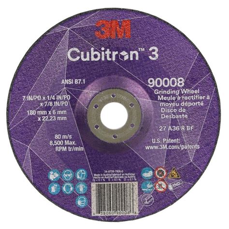 3M™ Cubitron™ 3 Depressed Center Grinding Wheel, 90008, 36+, T27, 7 in x 1/4 in x 7/8 in (180x6x22.23mm) ANSI, 10/Pack, 20 ea/Ca