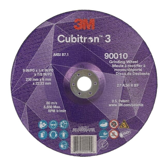 3M™ Cubitron™ 3 Depressed Center Grinding Wheel, 90010, 36+, T27, 9 in x 1/4 in x 7/8 in (230x6x22.23mm) ANSI, 10/Pack, 20 ea/Ca