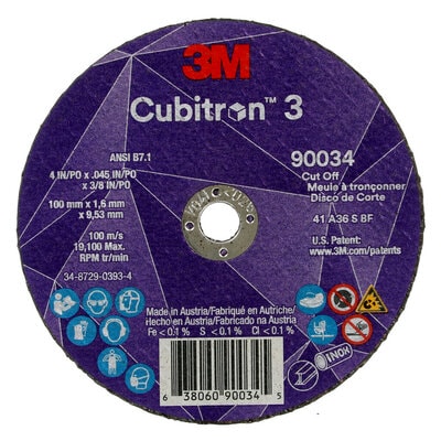 3M™ Cubitron™ 3 Cut-Off Wheel, 90034, 36+, T1, 4 in x 0.045 in x 3/8 in (100 x 1.6 x 9.53 mm), ANSI, 25/Pack, 50 ea/Case