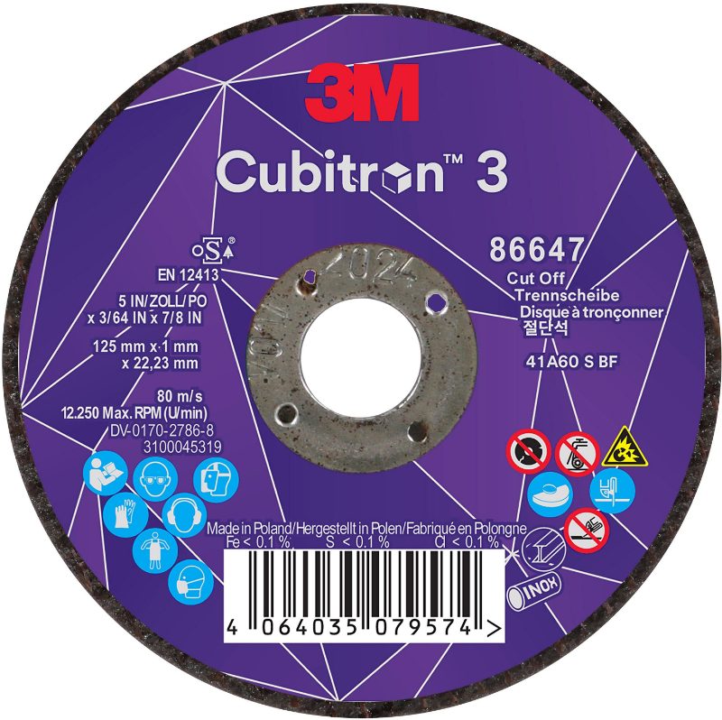 3M™ Cubitron™ 3 Cut-Off Wheel, 86647, 60+, T41, 125 mm x 1 mm x 22.23 mm (5 x 3/64 x 7/8 in), EN, 25/Pack, 50 ea/Case
