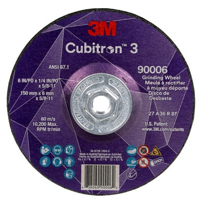 3M™ Cubitron™ 3 Depressed Center Grinding Wheel, 90006, 36+, T27, 6 in x 1/4 in x 5/8 in-11 (150x6mmx5/8-11in), ANSI, 10 ea/Case